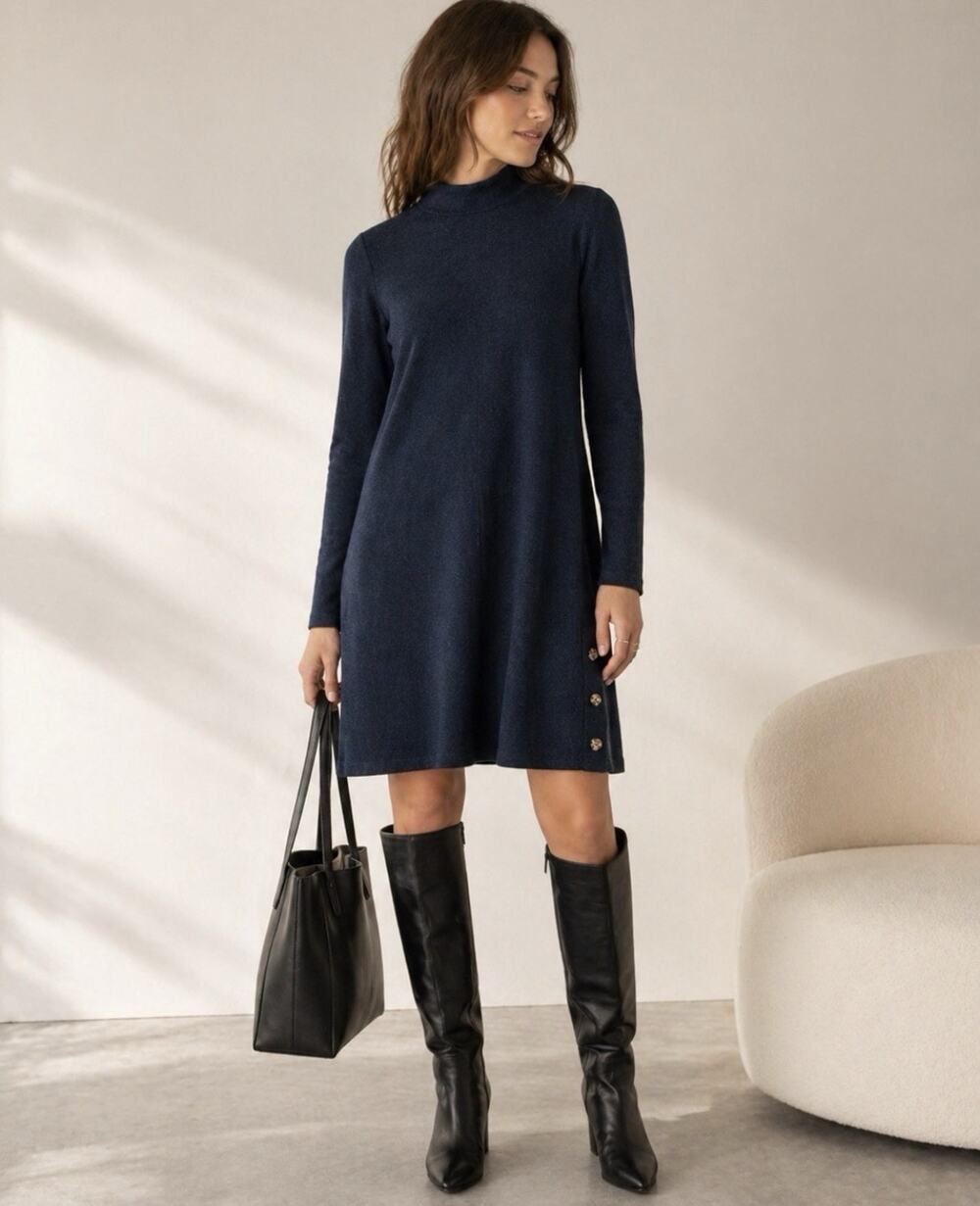 Banana Republic Sz M Black Mock Neck Sheath Dress Side Button Detail LS Dress